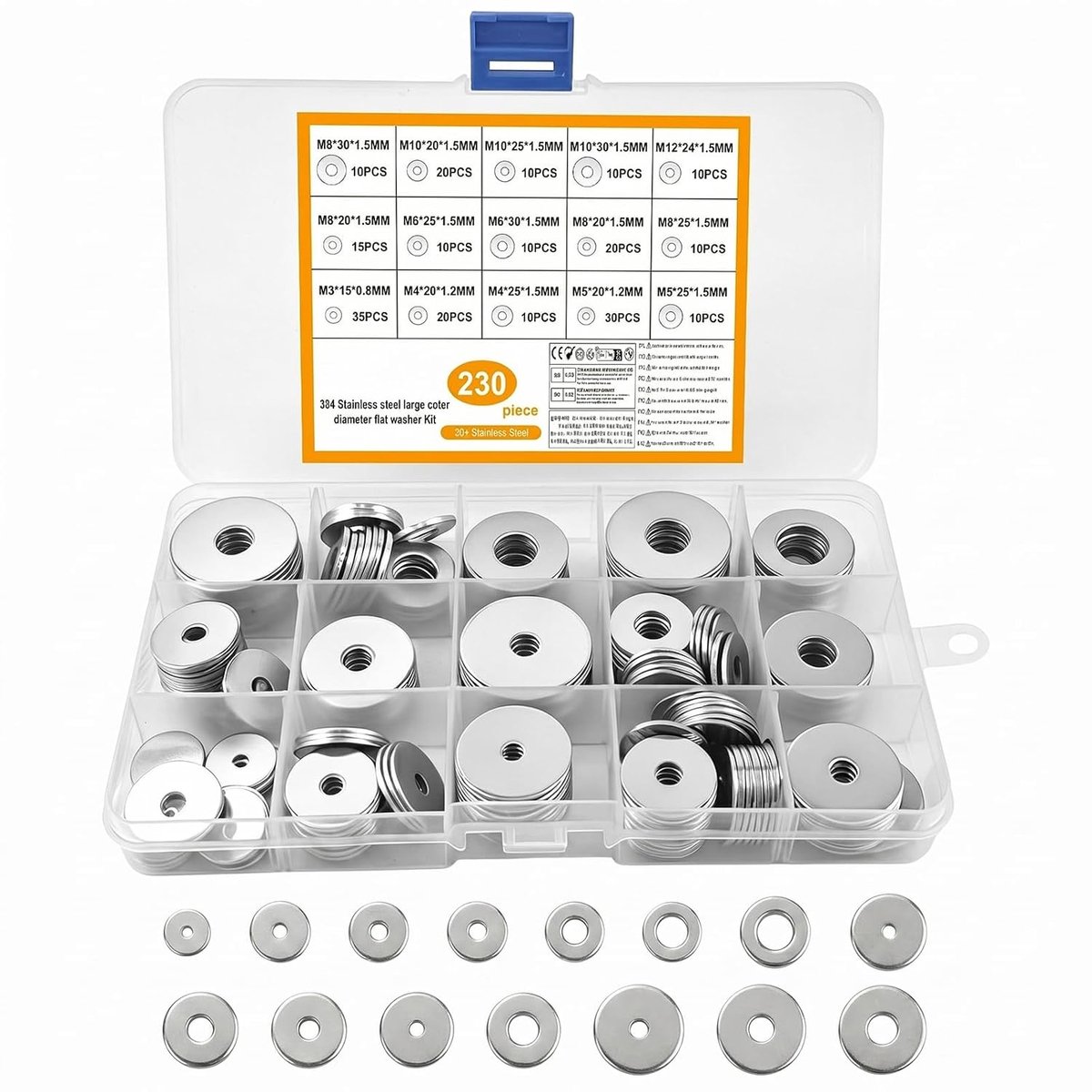 Set of 230 Stainless Steel Washers, 15 Sizes, Flat Washers Assortment for Bodywork, Metal Washers for Nuts - ShopVlot