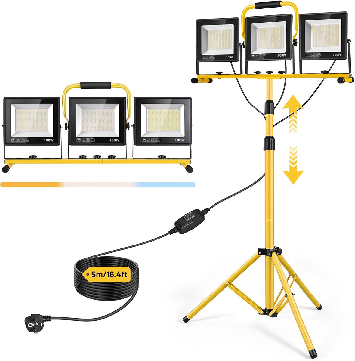 Yofuly Led-bouwspot met statief, 3 x 100 W, led-spots, bouwplaatslamp met 3 kleurtemperatuurmodi, IP66 waterdicht, 5 m - ShopVlot