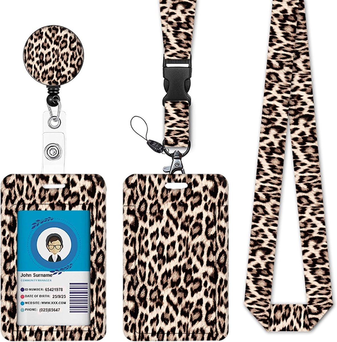Leopard Pattern ID Card Holder with Carabiner, Quick Access for Nurses, Teachers, Students, Removable Cord and - ShopVlot