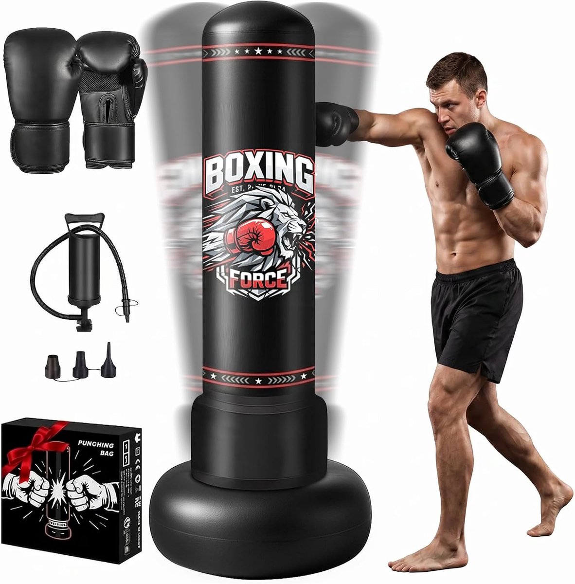 Qoosea Bokszak voor volwassenen, 190 cm, opblaasbare staande bokszak met bokshandschoenen, pomp, staande bokszak, pvc - ShopVlot