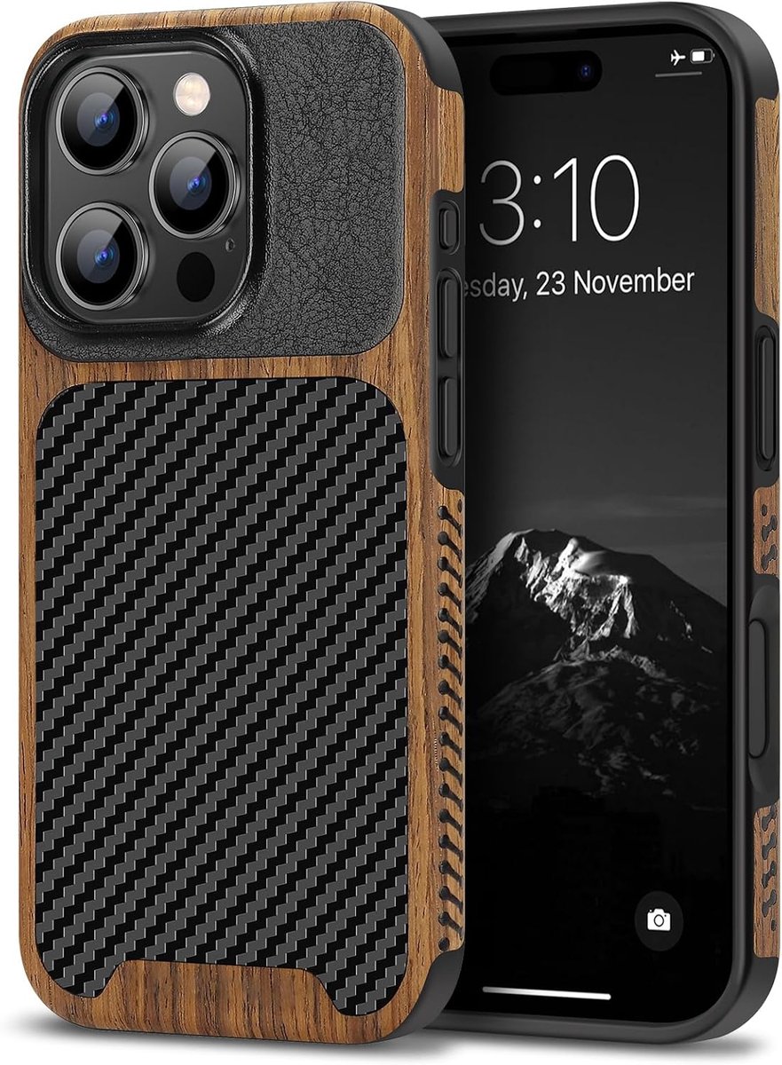 TENDLIN Compatible with iPhone 16 Pro Max Case Wood Grain with Carbon Fiber Texture Design Leather Hybrid Slim Cover - ShopVlot