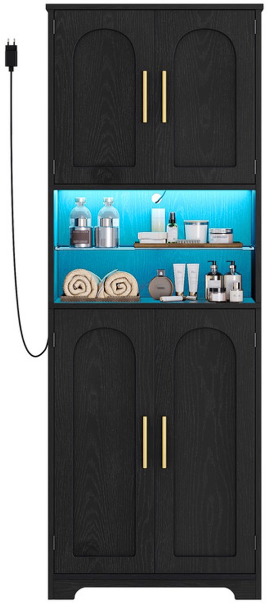 Hzuaneri Badkamerkast met ledverlichting, badkamerkast met 4 deuren,Hoge bijzetkast met verstelbare plank, open vakken, badkamer, woonkamer, 30 x 60 x 170 cm, zwart