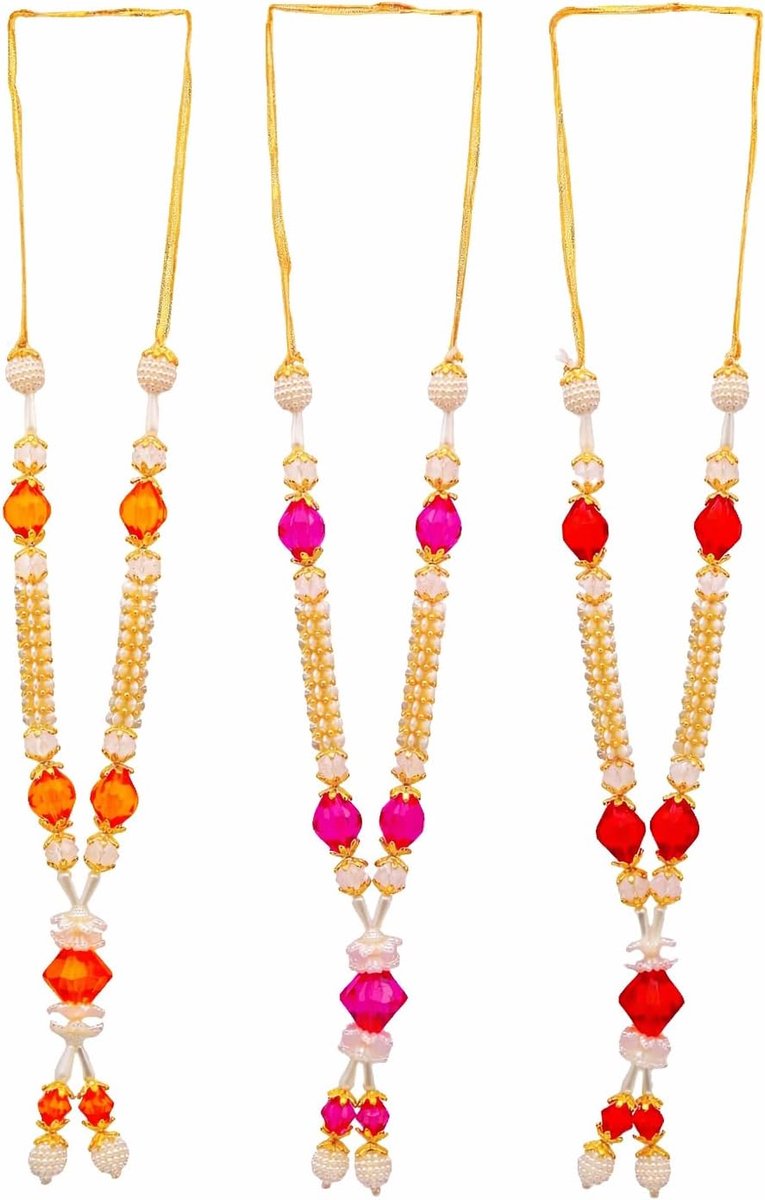 Set of 3 Mala Artificial Beads Ribbon Garland, Mala Pooja Sringar Articles Ornament Indian Traditional Diwali Festival - ShopVlot