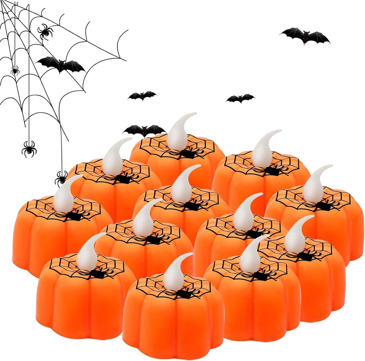 12PCS Halloween Pumpkin Tea Lights Halloween Candles Flameless Battery Operated 3D Orange LED Tea Lights for Indoor - ShopVlot