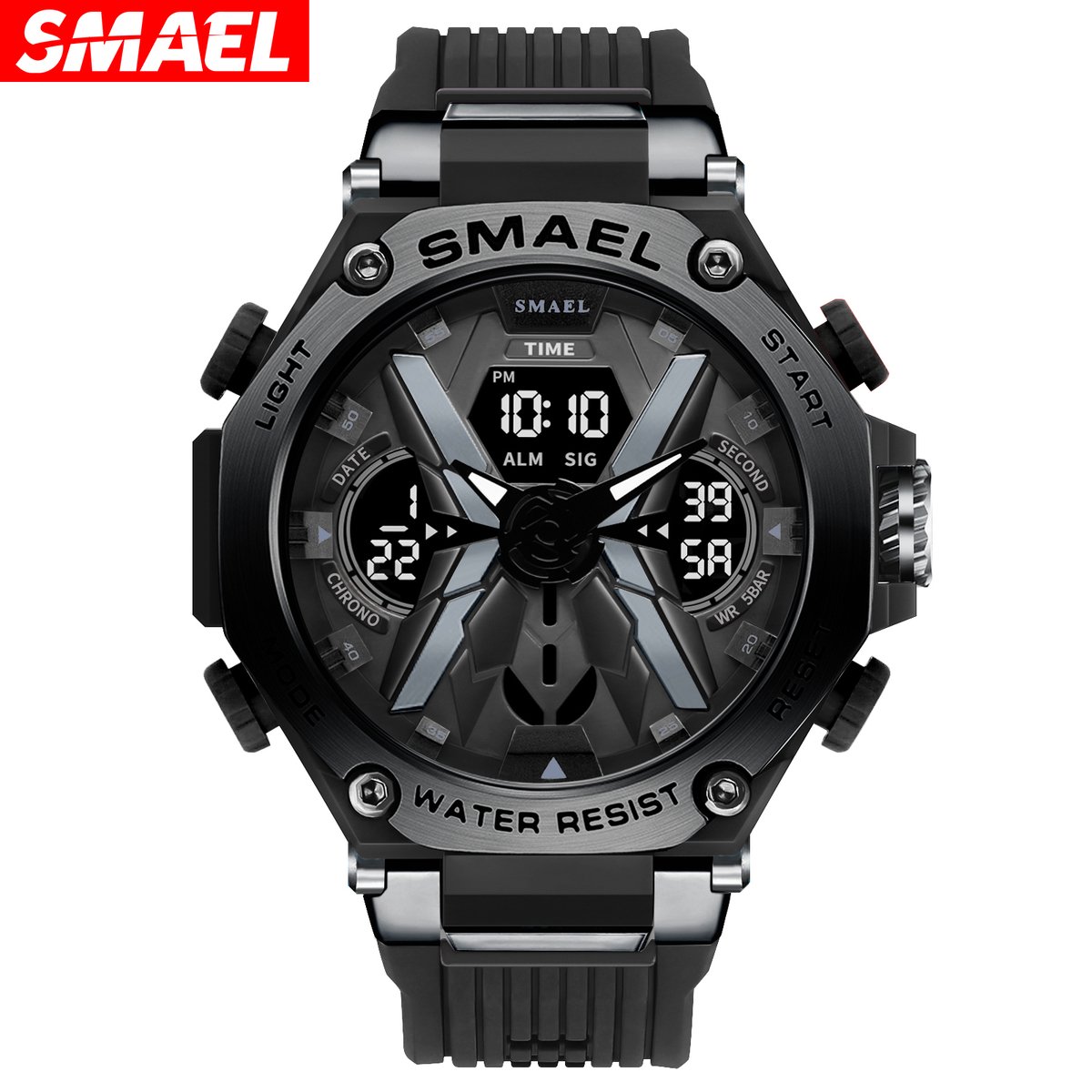 SMAEL 8087 herenhorloge zwart styl Sporthorloge Alarm cronometer 50m Waterdicht Stootvast Digitaal Quartz Dubbel Display met ledlicht