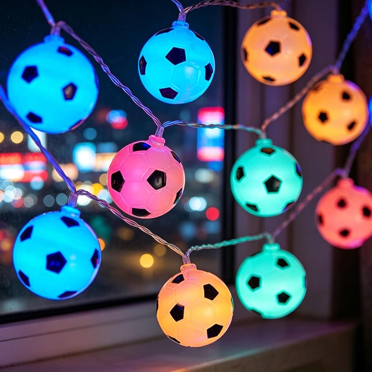 Voetballichtketting, 10 voetballichten, 1,5 m, lichtketting, voetbaldecoratie, feestdecoratie, voor sportthemafeesten - ShopVlot