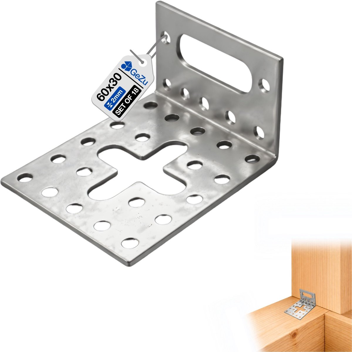 GeZu Impex Verstelbare Hoekbeugel 60 x 30 x 60 mm Set von 18 Gegalvaniseerde Gesleufde Beugel Hoekverbinder Verstelbare Hoekanker Montageplaat 90 Graden Hoeksteunen Houtverbinder