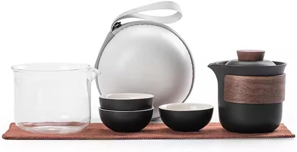 Porcelain Travel Tea Set with 1 Teapot, 1 Tea Server and 3 Teacup with Portable Travel Pouch - Black - ShopVlot