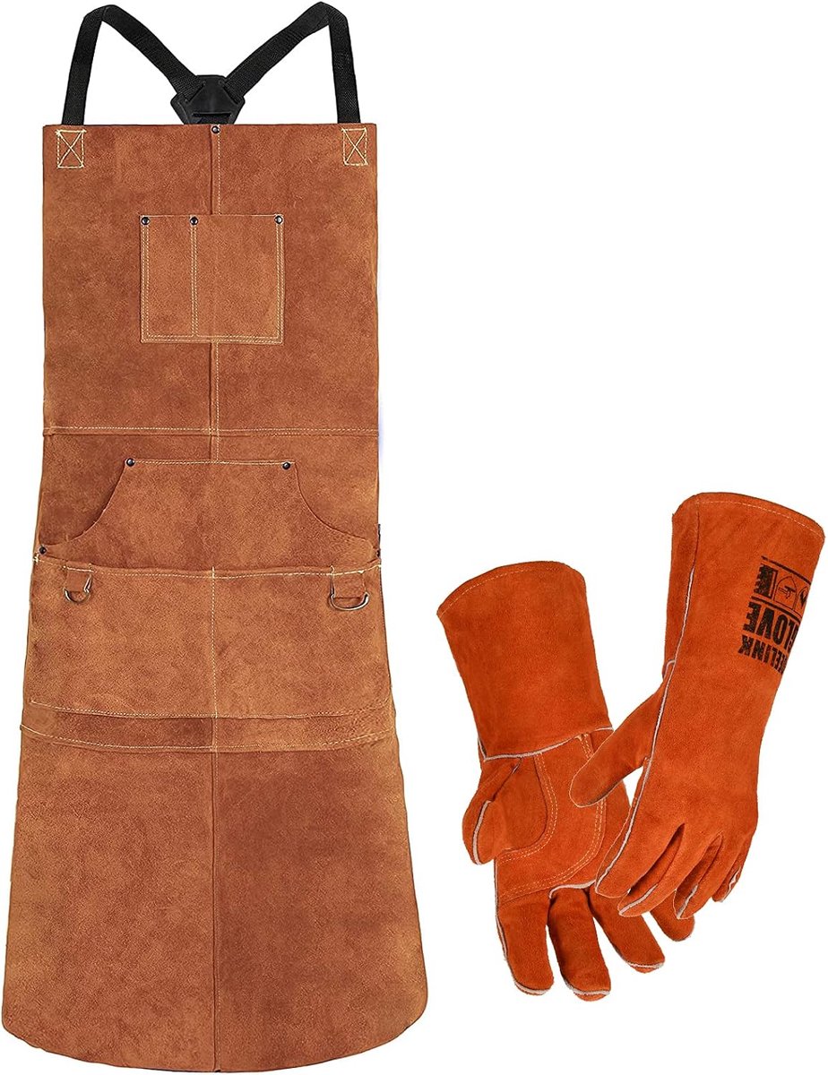 QeeLink Leren lasschort met handschoenen voor mannen en vrouwen, werk voor timmerman, houtbewerker met 6 zakken - ShopVlot