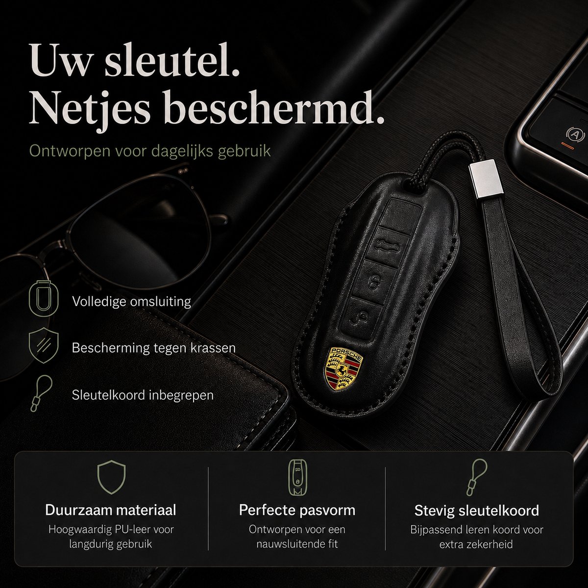 Zirkle Porsche Autosleutel Hoesje Type A Zwart – Luxe Leren Sleutelcover met Leren Koord en Polslus – Beschermhoes voor Porsche Cayenne Macan Panamera 911 Boxster Cayman – Krasbestendige Auto Sleutel Case Accessoire