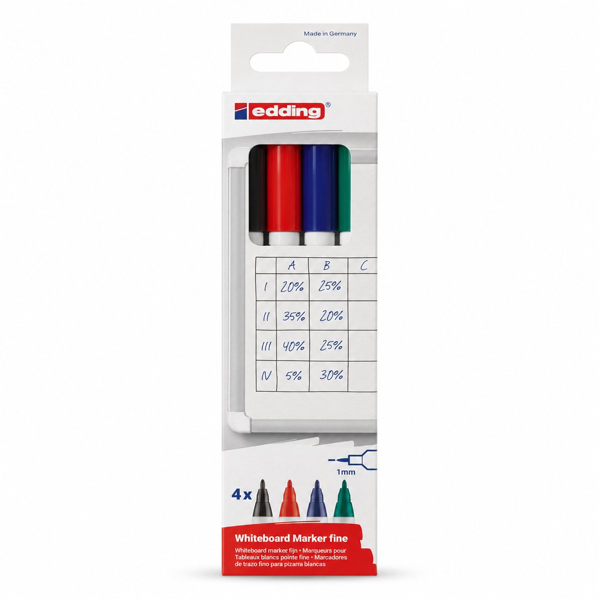 Edding Whiteboard Markers – 4 Stuks – Fijne Punt – Droog Uitwisbaar – Zwart, Blauw, Rood & Groen