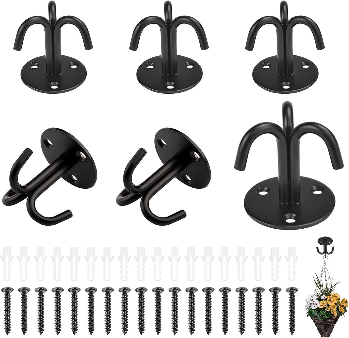 6 Pieces Ceiling Mount with Screws, Triple Heavy Duty Hooks, Black Wall Mount for Hanging Plants, Ceiling Fan and - ShopVlot