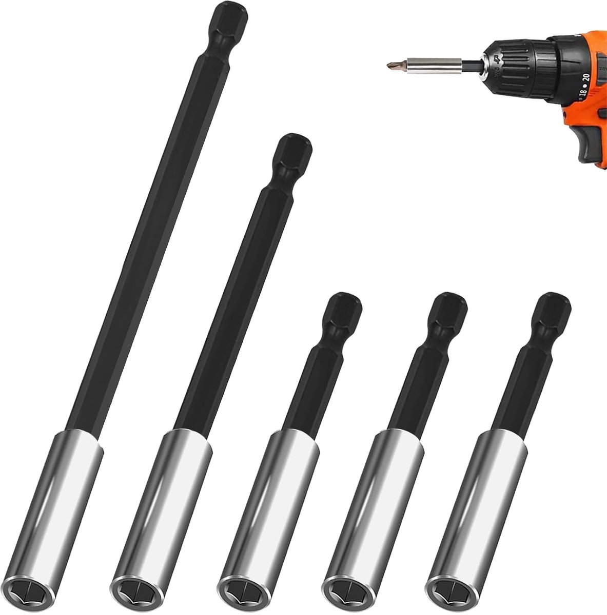 5pcs Bit Holders Magnetic Bit Extension 60mm 100mm 150mm, 1/4 Inch Bit Holder Long Drill Holder Stainless Steel Bit - ShopVlot