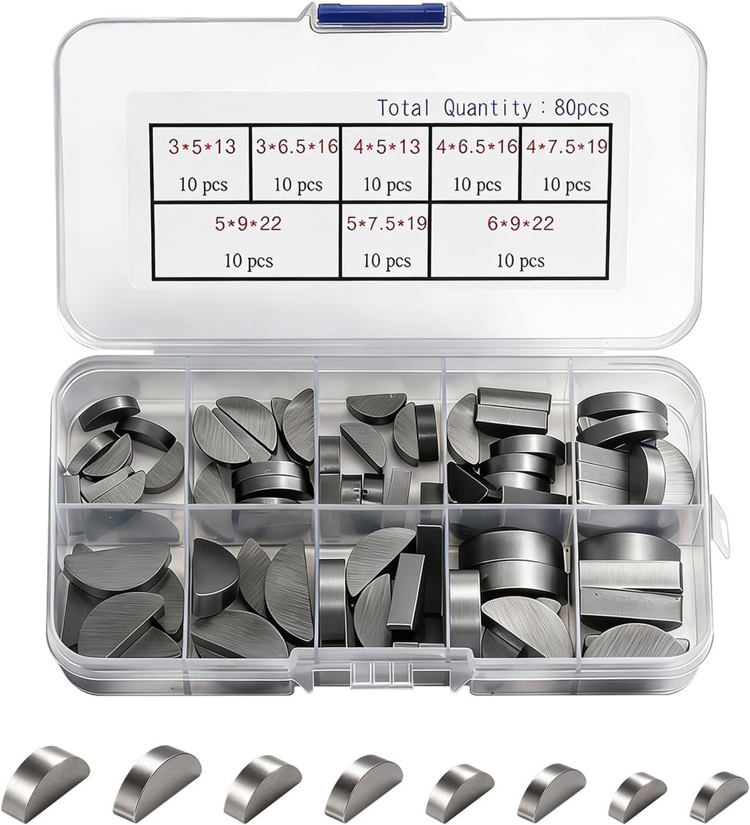 80 Pcs 8 Sizes 3/4/5/6 Woodruff Key Assortment Kit, Half Moon Semicircle Bond Wrench, Crescent Moon Key Set for - ShopVlot