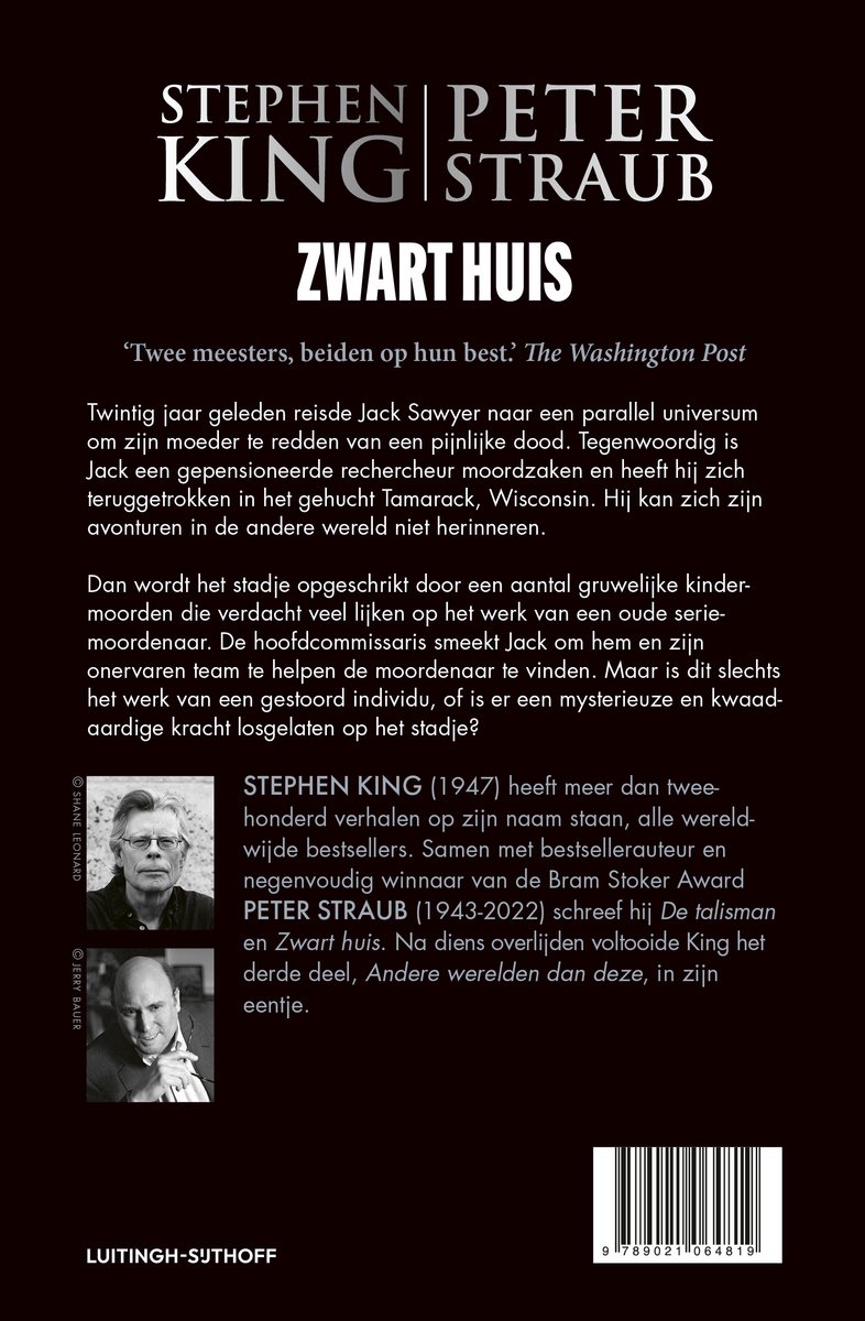 Boekomslag van Zwart Huis met foto's van Stephen King en Peter Straub. Titel in grote letters.