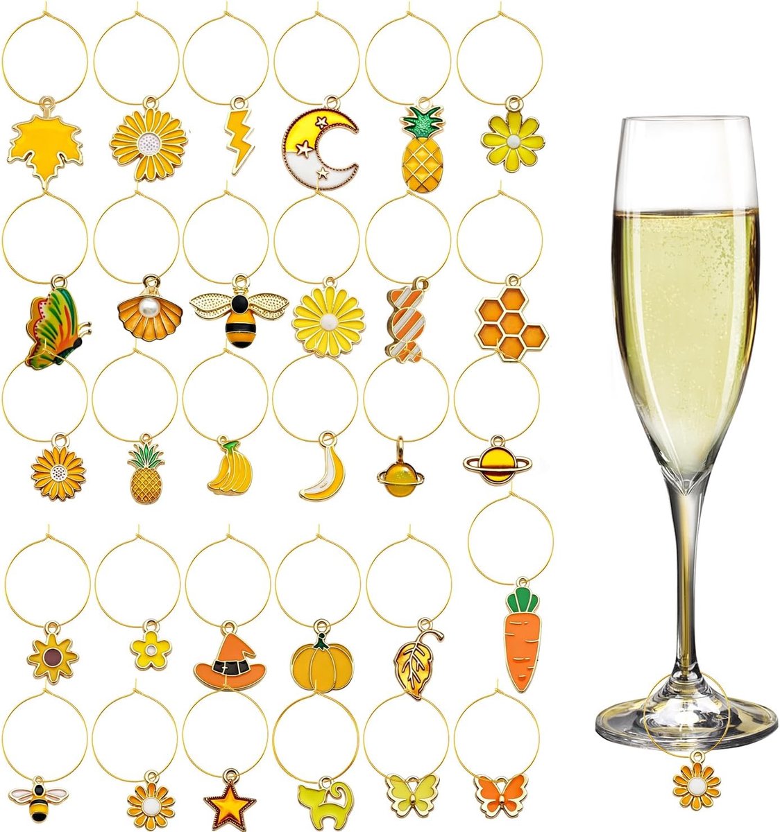 Wijnglasringen 30 stuks - Geel - Drinkmarkers voor feesten - Decoratie voor bruiloften - ShopVlot