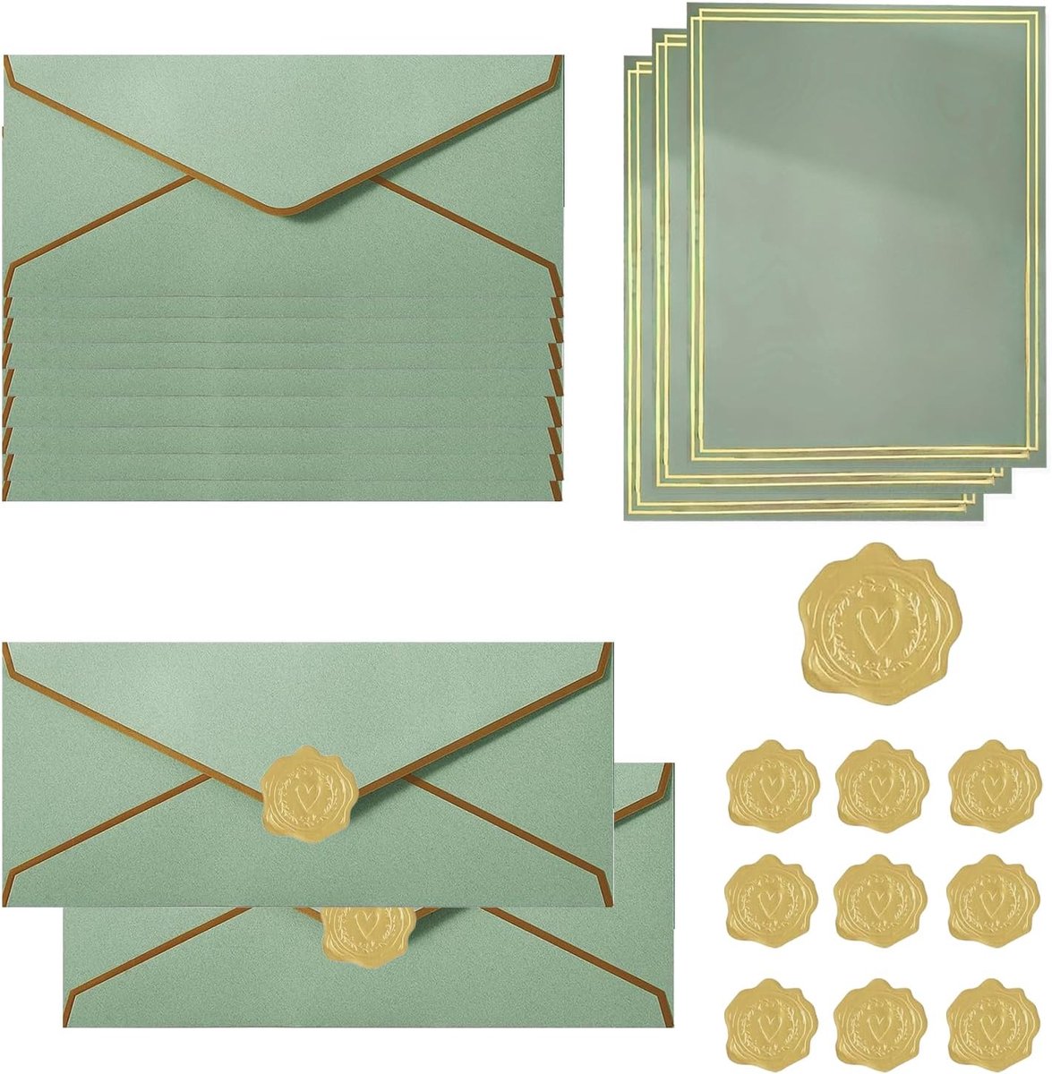 Uitnodigingsenveloppen met briefpapier - saliegroen - 20 vellen met gouden stickers - ShopVlot