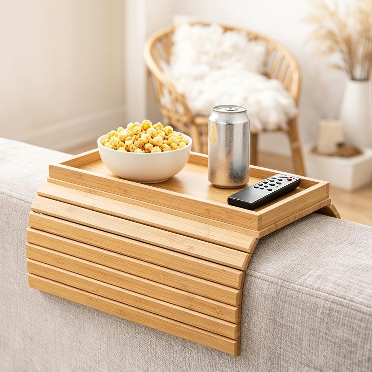 Sofa Tray - Natuurlijk bamboe - Vouwbaar - Handig voor snacks en drankjes - ShopVlot