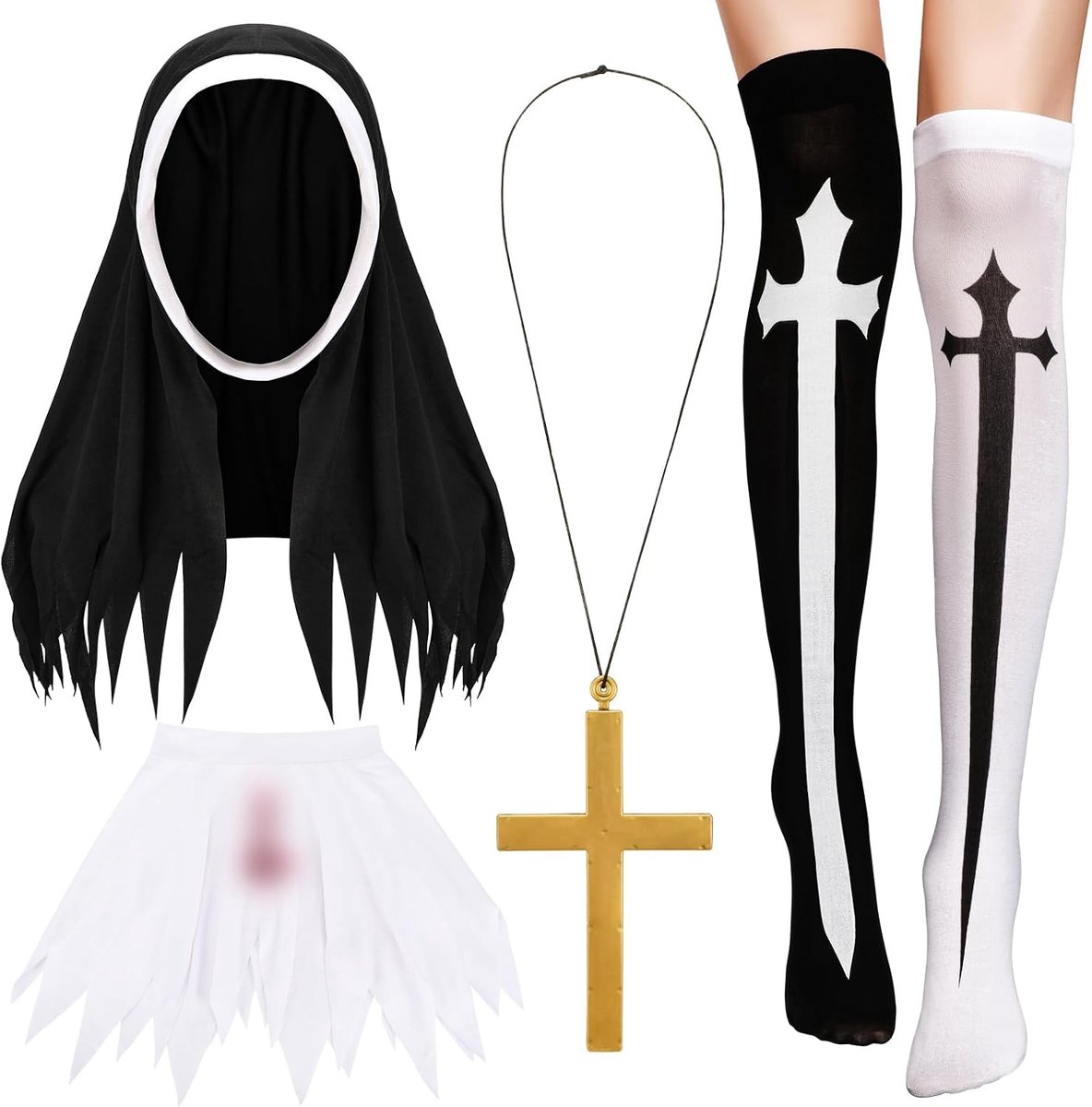 griezelige nonnen-kostuumaccessoires 4 stuks - nonnenhoed en halsband - kruishanger en kniekousen - ShopVlot
