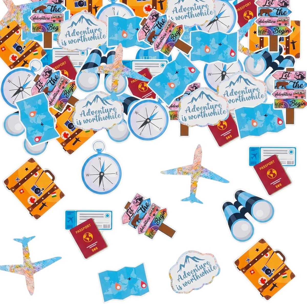 Reisconfetti set 100 stuks - blauwe kartonnen decoratie - wereldkaart, vliegtuig en meer - perfect voor verjaardagen - ShopVlot