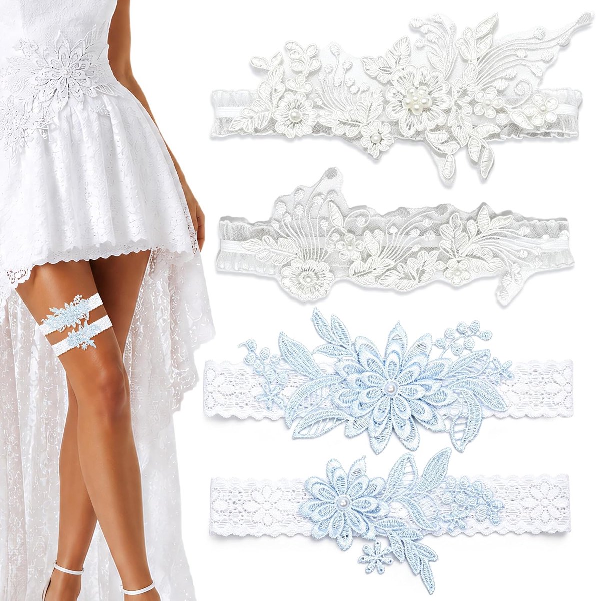 Kousenband Bruid - Wit en Blauw Kanten - Bloemkant met Parels - Perfect voor Bruiloft - ShopVlot