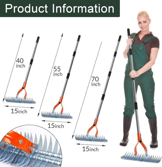 Scarifier rake 170 cm - metalen handscarifier - verstelbaar - voor het reinigen van dode gras - ShopVlot — afbeelding 5