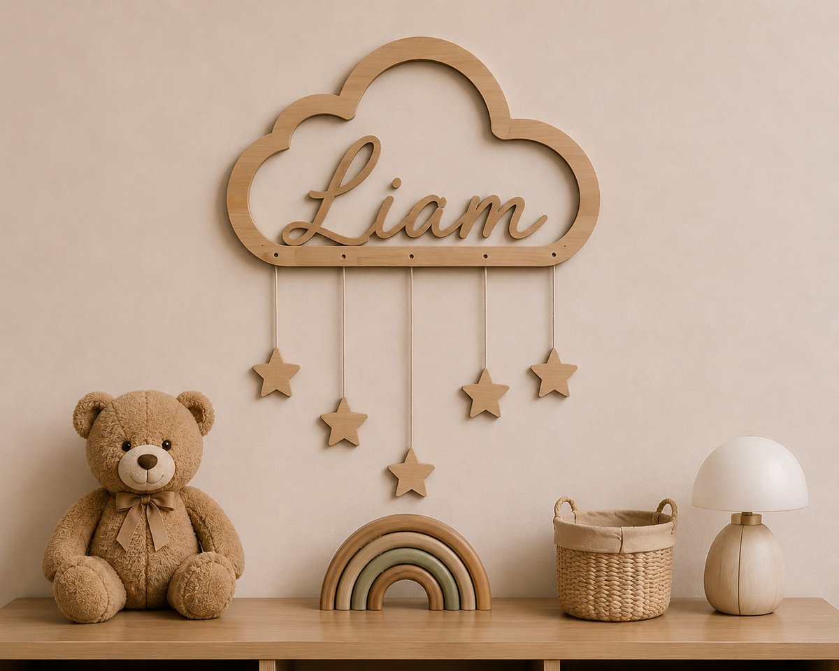Gepersonaliseerd Houten Wolk Naambord met Sterren – Houten Naamplaat met Naam – Kinderkamer Wanddecoratie – Baby Kamer Decoratie – Boho Scandinavische Wanddecoratie – Naturel Hout