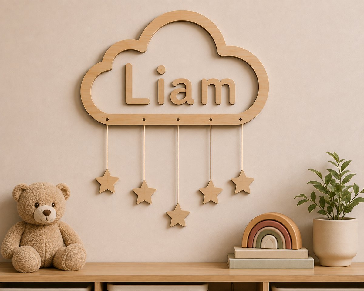 Gepersonaliseerde Houten Wolk met Naam en Sterren – Houten Naambord Kinderkamer – Wanddecoratie Baby- en Kinderkamer – Boho Scandinavische Decoratie – Naturel Hout – 80 x 30 cm