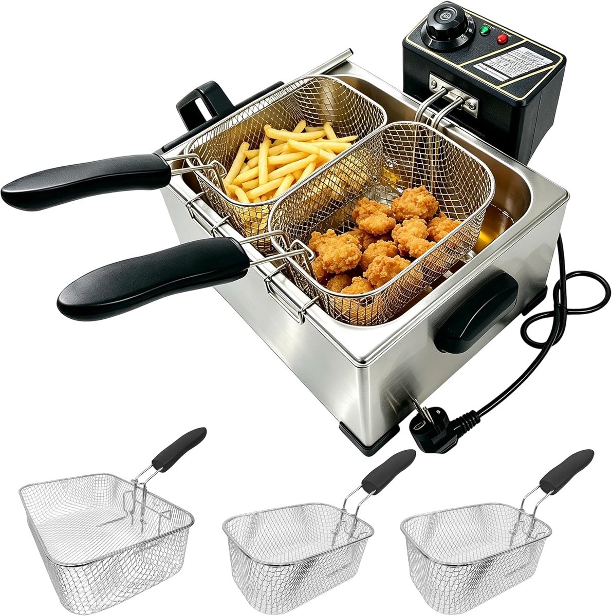 Dubbele frituurpan, roestvrij staal, 5L, met raam, voor thuiskoken - Voor kip en uienringen; instelbare temperatuur. - ShopVlot