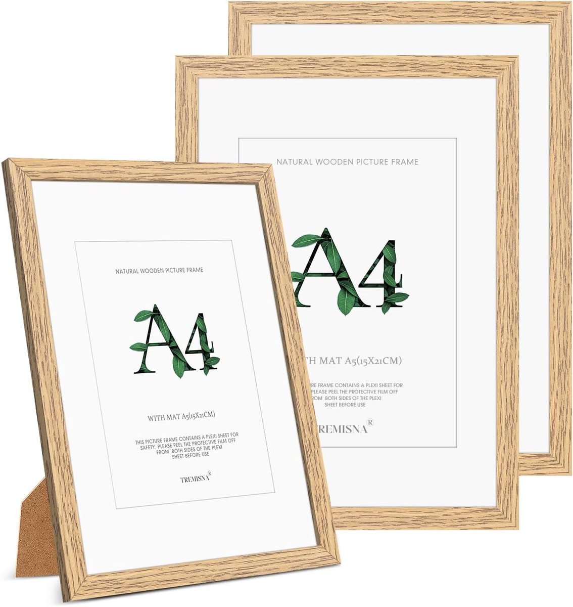 3x A4 (21 x 29,7 cm) fotolijst natuurlijk hout.A4 fotolijst - met houder voor A5 (14,8 x 21 cm) — Inclusief HD Perspex - ShopVlot