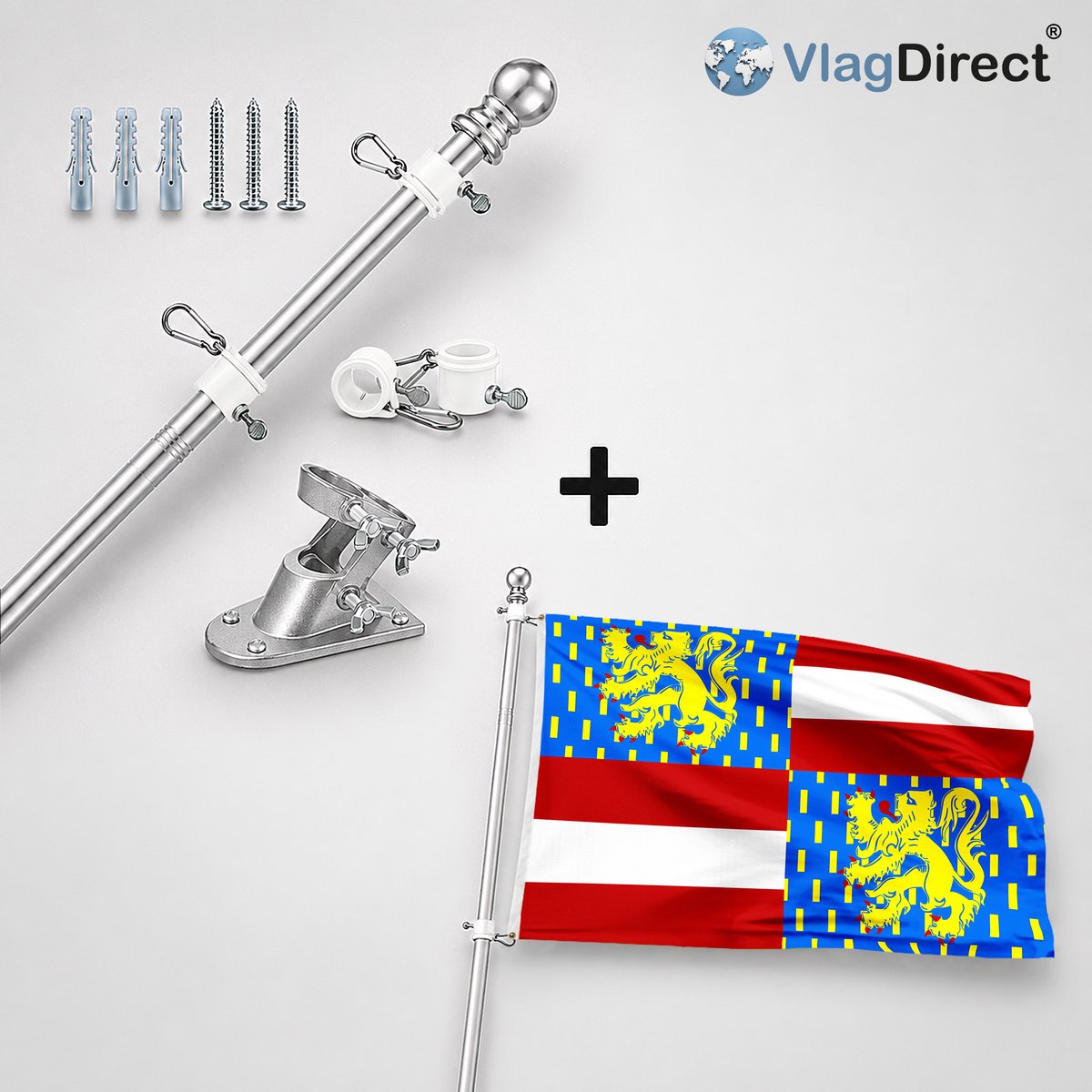 VlagDirect - Compleet vlaggenpakket - Zilveren vlaggenstok inclusief vlaggenstokhouder + Zwevegemse vlag - Gemeente Zwevegem vlag - 90 x 150 cm.