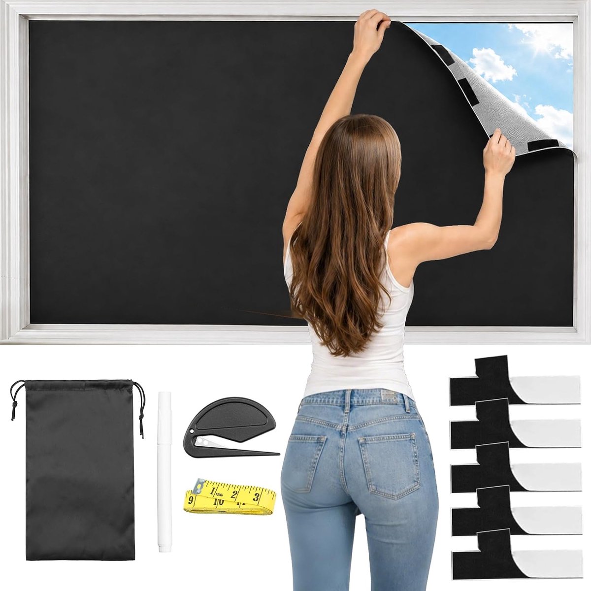 300 x 145cm Verduisteringsgordijn met klittenband，Zonder Boren Rolgordijn - Verduisteringsstof en Warmte-isolatie Draagbare - 420D Oxford met Akcesoria - voor Slaapkamer - Kinderkamer - Zolder - Reizen - RV