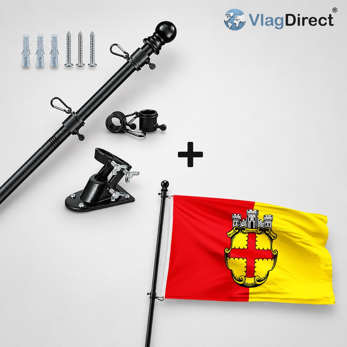 VlagDirect - Compleet vlaggenpakket - Zwarte vlaggenstok inclusief vlaggenstokhouder + Eupense vlag - Gemeente Eupen vlag - 90 x 150 cm.