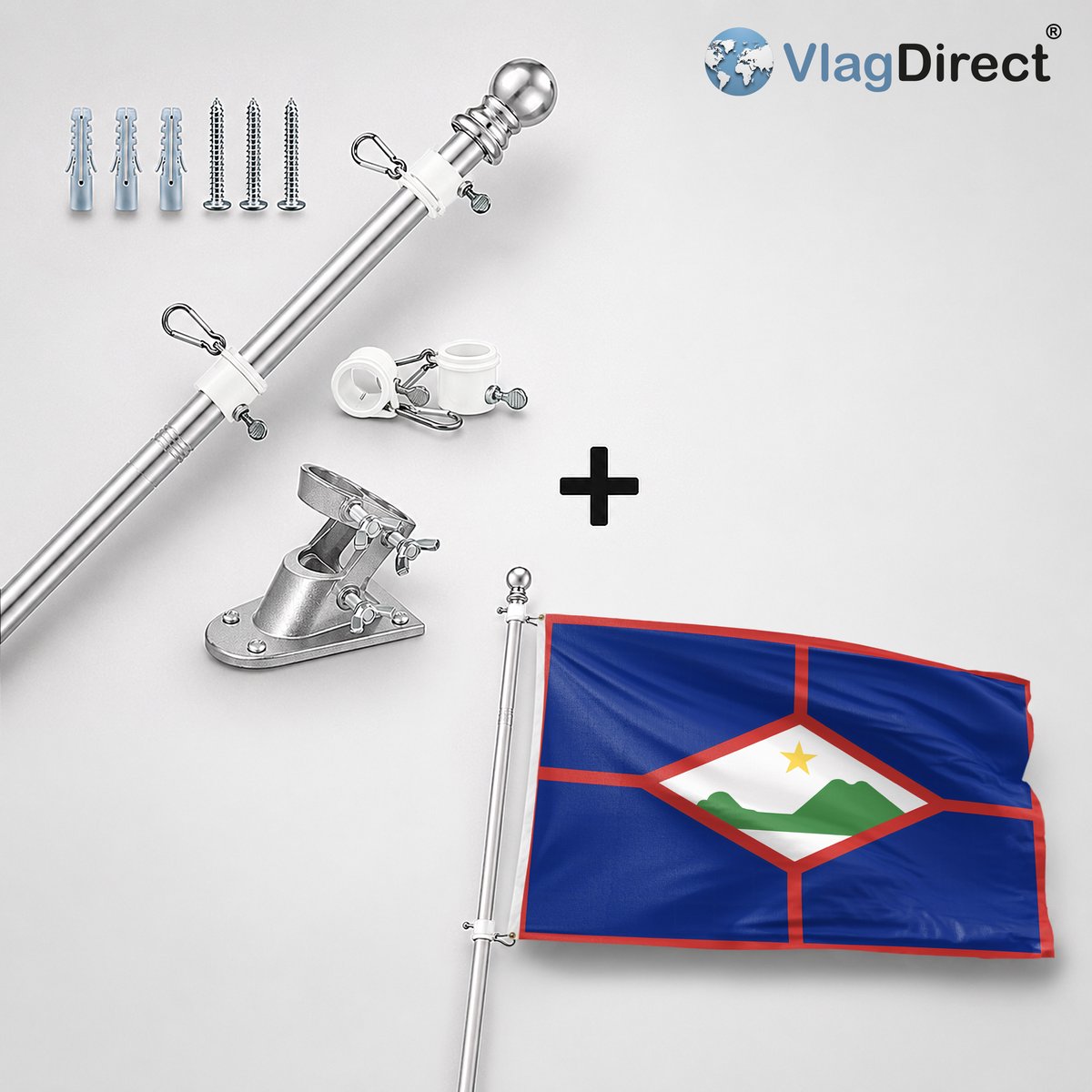 VlagDirect - Compleet vlaggenpakket - Zilveren vlaggenstok inclusief vlaggenstokhouder + Statiaanse vlag - Sint-Eustatius vlag - 90 x 150 cm.