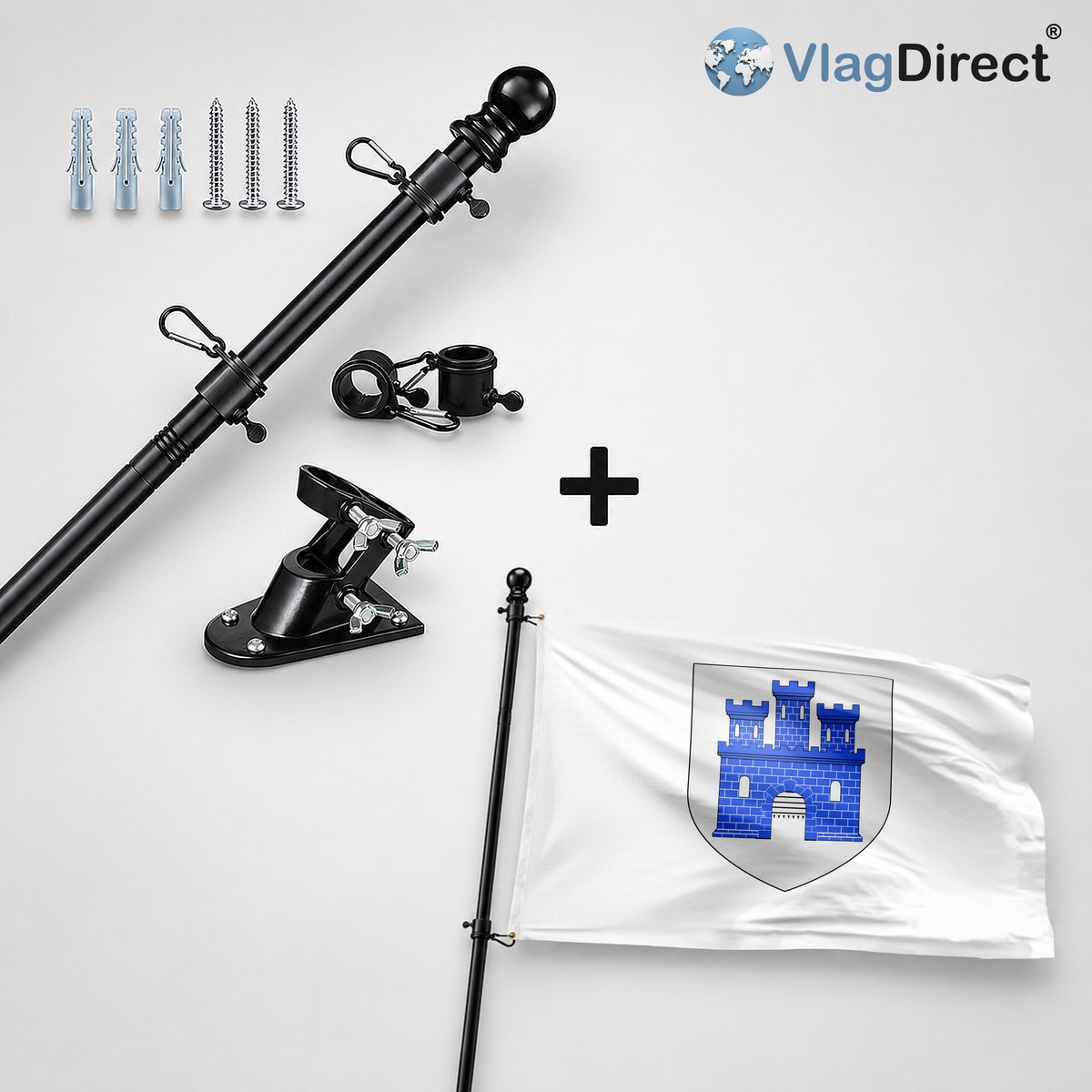 VlagDirect - Compleet vlaggenpakket - Zwarte vlaggenstok inclusief vlaggenstokhouder + Vloesbergse vlag - Gemeente Vloesberg vlag - 90 x 150 cm.