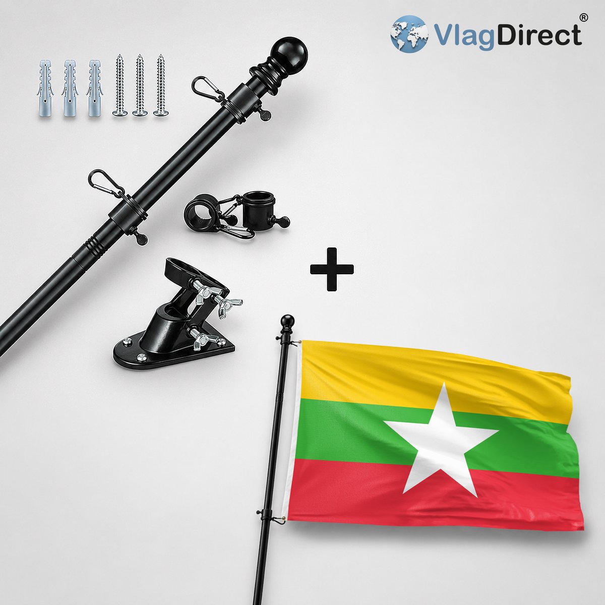 VlagDirect - Compleet vlaggenpakket - Zwarte vlaggenstok inclusief vlaggenstokhouder + Myanmarese vlag - Myanmar vlag - 90 x 150 cm