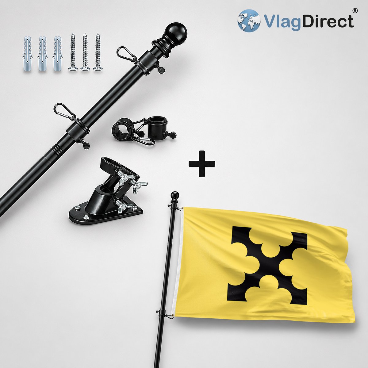 VlagDirect - Compleet vlaggenpakket - Zwarte vlaggenstok inclusief vlaggenstokhouder + Sliedrecht vlag - Gemeente Sliedrecht vlag - 90 x 150 cm.