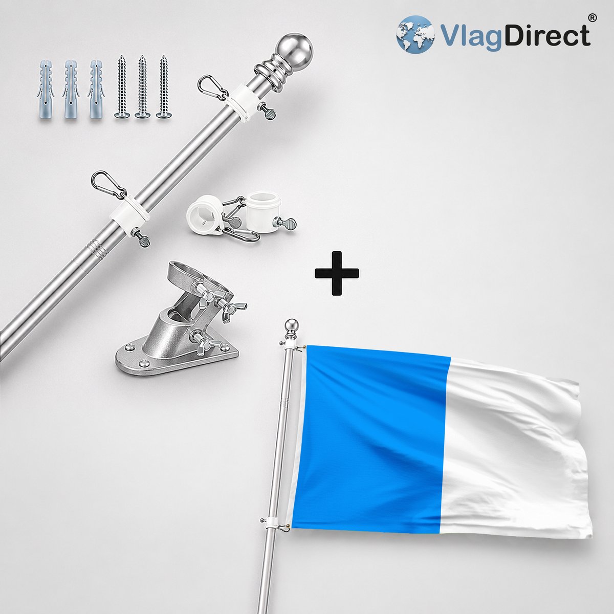 VlagDirect - Compleet vlaggenpakket - Zilveren vlaggenstok inclusief vlaggenstokhouder + Dinantse vlag - Gemeente Dinant vlag - 90 x 150 cm.