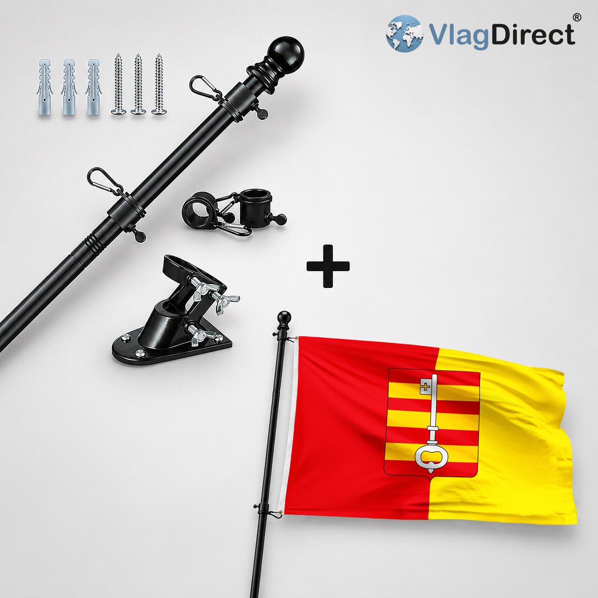 VlagDirect - Compleet vlaggenpakket - Zwarte vlaggenstok inclusief vlaggenstokhouder + Lessense vlag - Gemeente Lessen vlag - 90 x 150 cm.
