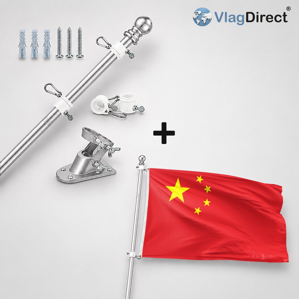 VlagDirect - Compleet vlaggenpakket - Zilveren vlaggenstok inclusief vlaggenstokhouder + Chinese vlag - China vlag - 90 x 150 cm.