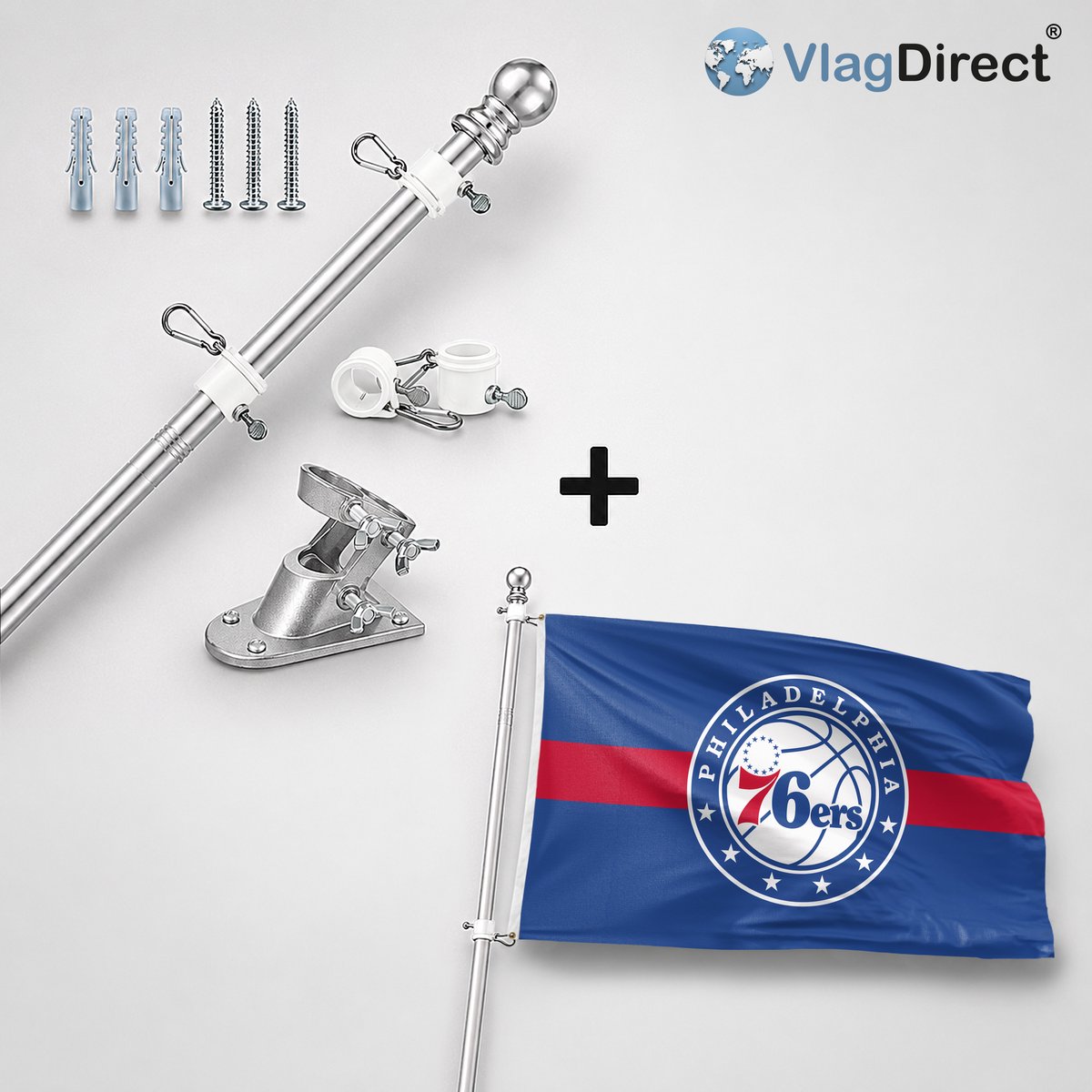 VlagDirect - Compleet vlaggenpakket - Zilveren vlaggenstok inclusief vlaggenstokhouder + Philadelphia 76ers vlag - Philadelphia 76ers basketbalteam vlag - 90 x 150 cm.