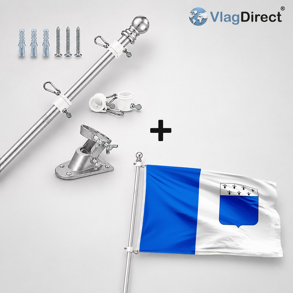 VlagDirect - Compleet vlaggenpakket - Zilveren vlaggenstok inclusief vlaggenstokhouder + Lichterveldse vlag - Gemeente Lichtervelde vlag - 90 x 150 cm.