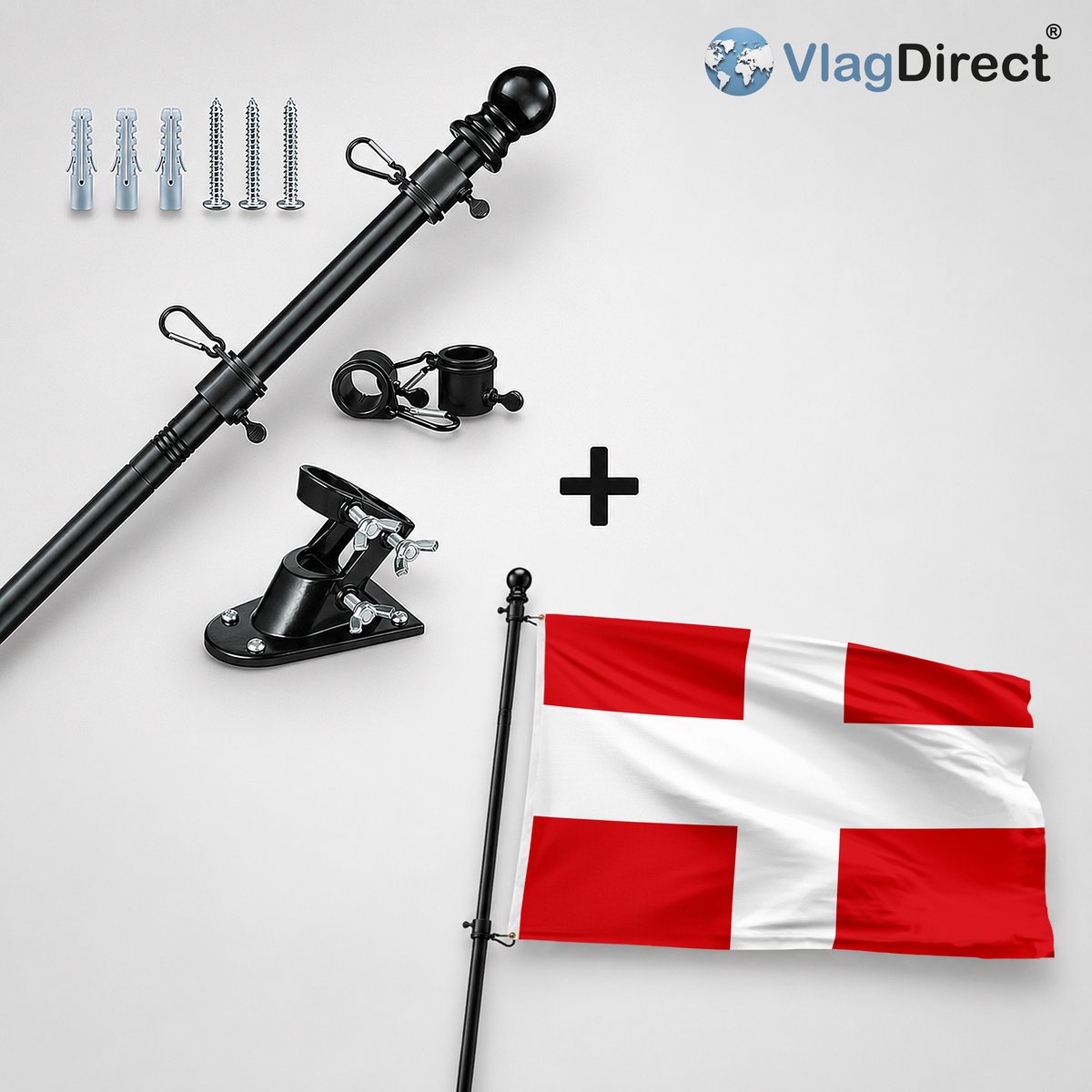 VlagDirect - Compleet vlaggenpakket - Zwarte vlaggenstok inclusief vlaggenstokhouder + Gemeente Spiere-Helkijn vlag - 90 x 150 cm.