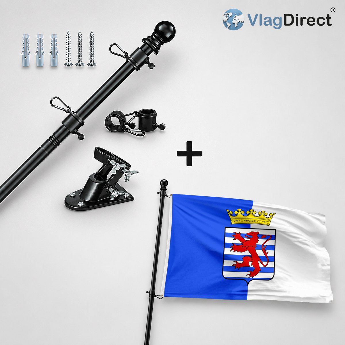 VlagDirect - Compleet vlaggenpakket - Zwarte vlaggenstok inclusief vlaggenstokhouder + Gemeente Durbuy vlag - 90 x 150 cm.