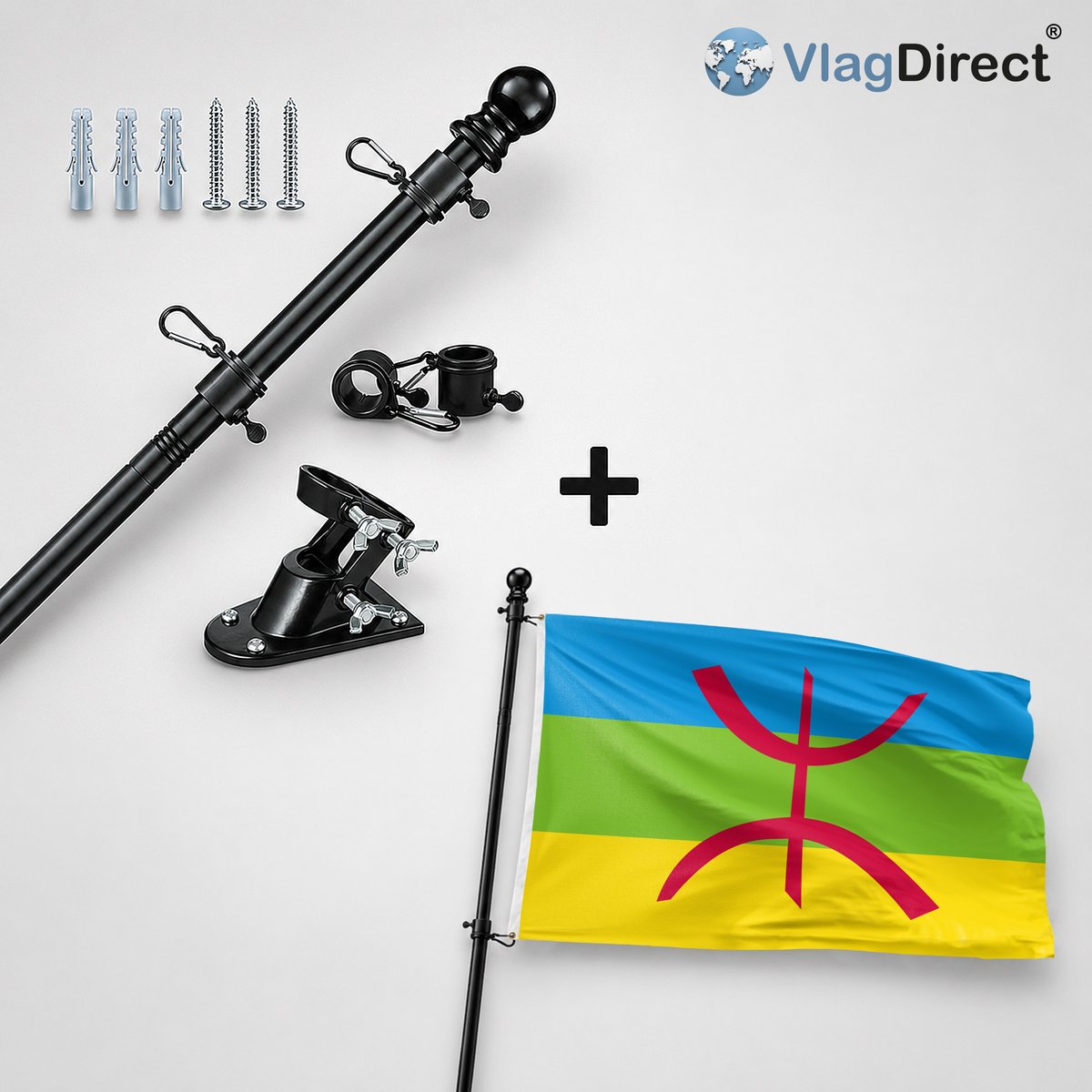 VlagDirect - Compleet vlaggenpakket - Zwarte vlaggenstok inclusief vlaggenstokhouder + Berberse vlag - Berber vlag - Amazigh vlag - 90 x 150 cm.