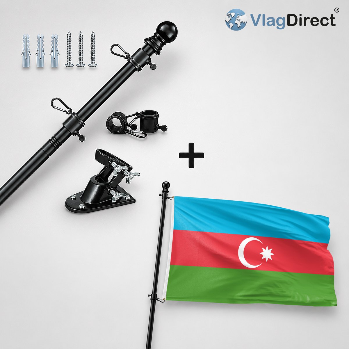 VlagDirect - Compleet vlaggenpakket - Zwarte vlaggenstok inclusief vlaggenstokhouder + Azerbeidzjaanse vlag - Azerbeidzjan vlag - 90 x 150 cm.