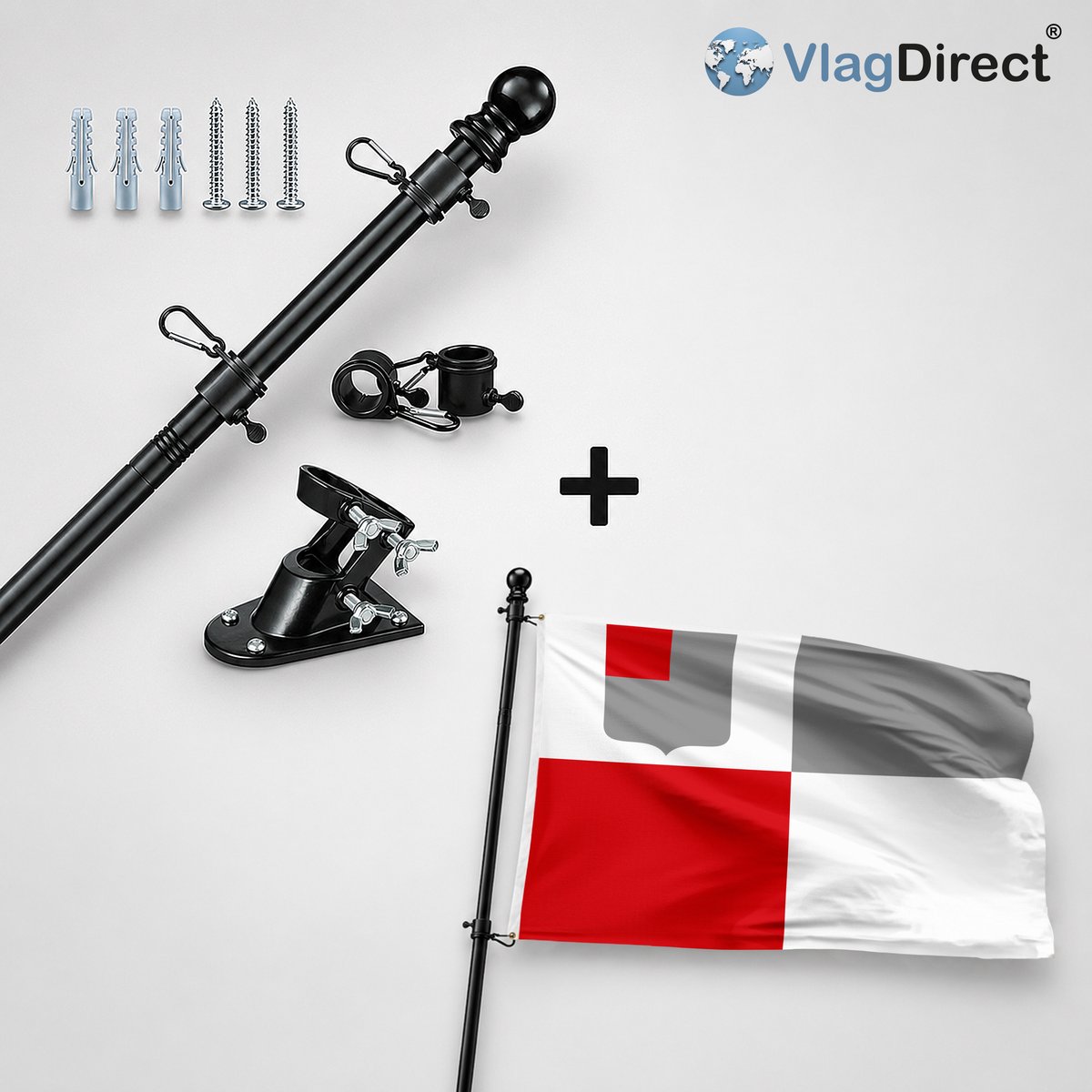 VlagDirect - Compleet vlaggenpakket - Zwarte vlaggenstok inclusief vlaggenstokhouder + Gemeente Wanze vlag - 90 x 150 cm.