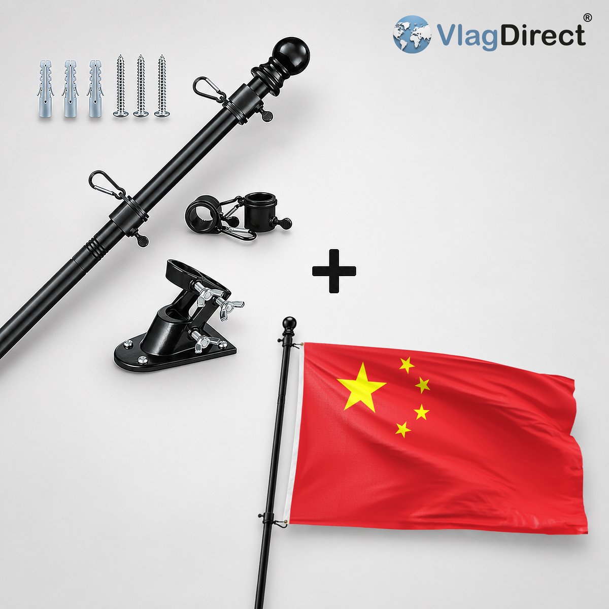 VlagDirect - Compleet vlaggenpakket - Zwarte vlaggenstok inclusief vlaggenstokhouder + Chinese vlag - China vlag - 90 x 150 cm.