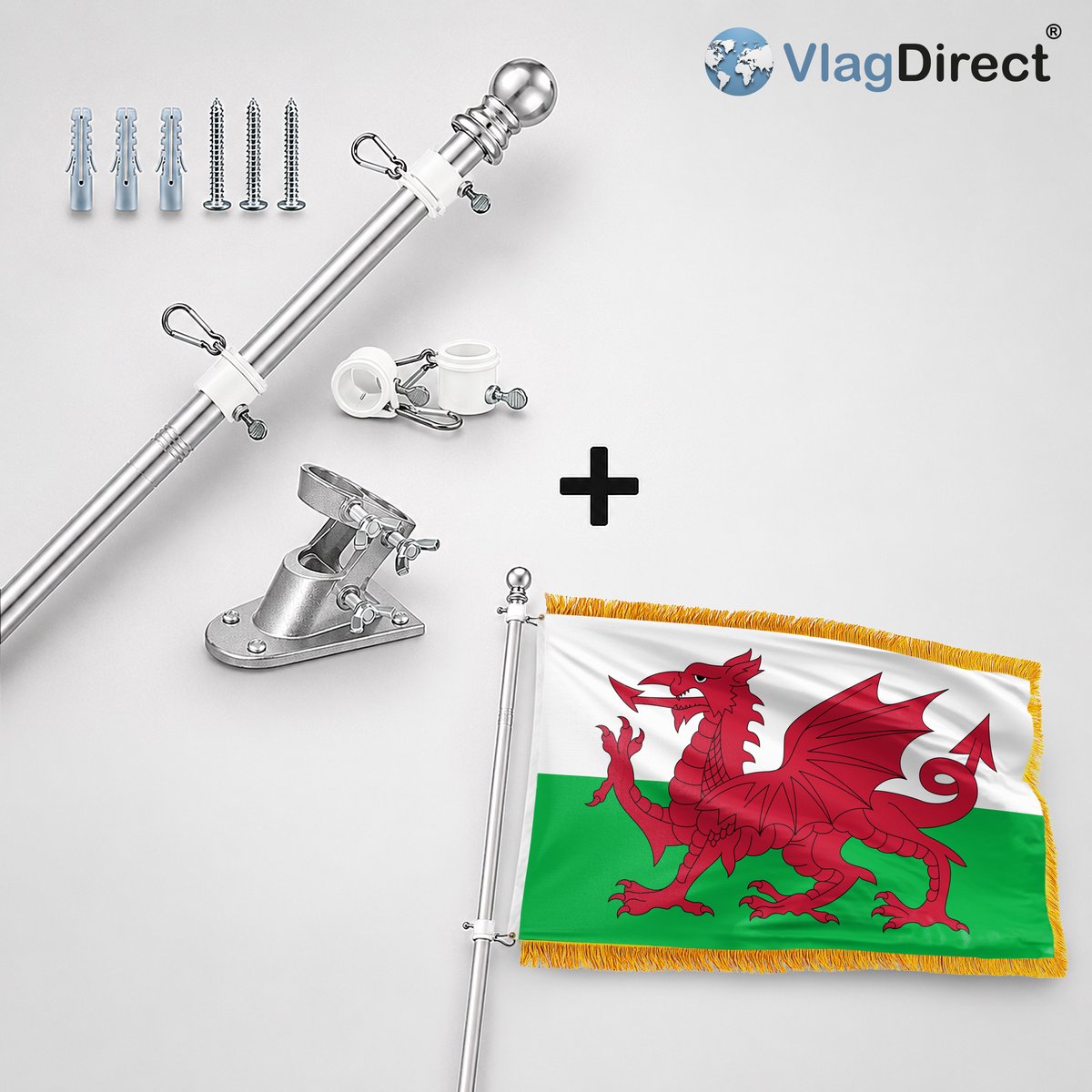 VlagDirect - Compleet vlaggenpakket - Zilveren vlaggenstok inclusief vlaggenstokhouder + Luxe Welshe vlag - Luxe Wales vlag - 90 x 150 cm - Franjes.