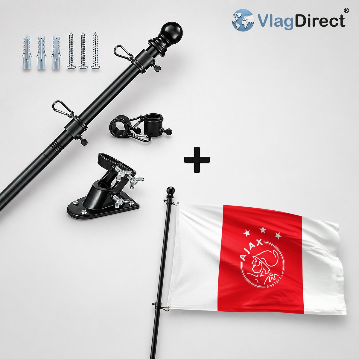 VlagDirect - Compleet vlaggenpakket - Zwarte vlaggenstok inclusief vlaggenstokhouder + Officiële AFC Ajax vlag - Ajax Amsterdam vlag - 90 x 150 cm.